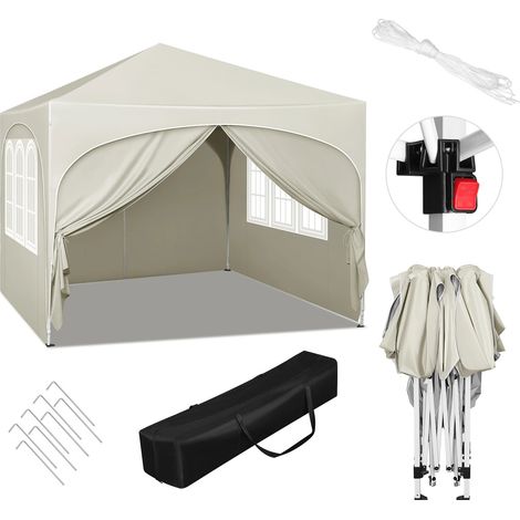 3 x 3 m zusammenklappbarer Pavillon mit 4 Seitenwänden, höhenverstellbares Partyzelt, wasserabweisender UV-Schutz für Garten, Camping, Picknick, beige