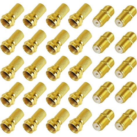 F-Connecteur Set 20 Fiche F 7mm + 10 Coupleur F Adaptateur Antenne Sat  Plaquées Or avec Joint en caoutchouc Étanche pour Câble Coaxial Antenne Satellite TNT, 30 Pièces (1/5)