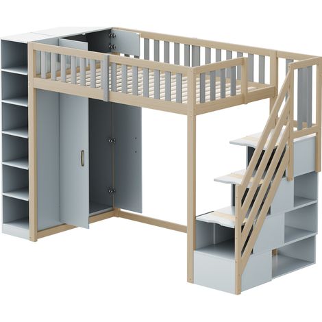 Lit mezzanine multifonction 90 x 200 cm avec armoire, étagères et escalier de rangement (1/5)