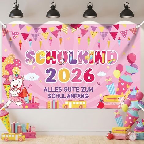 Bannière décorative pour la rentrée scolaire, 2026 « Alles Gute zum Schulanfang » - Guirlande en tissu pour fille - Décoration murale de jardin - 110 x 180 cm (1/5)