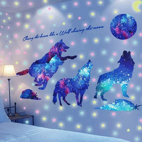 Brillent dans noir Decoration Étoiles Loup Adhésifs Muraux Stickers, Amovible Murale Autocollants Fluorescent Motif de Étoiles Phosphorescentes pour Chambre de D'enfant Bébé Cadeau Salon (1/5)