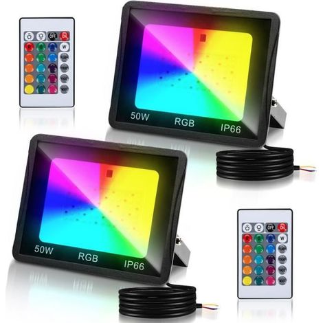 2 projecteurs LED RGB, 50 W, étanches IP66, télécommande incluse, 16 couleurs, pour extérieur et décoration intérieure