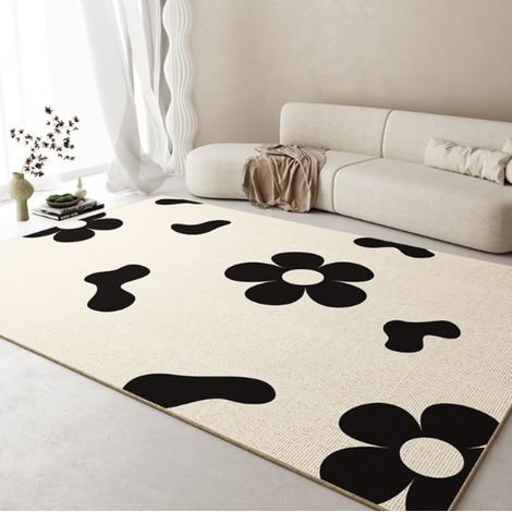JSSEVN - Cute Flower Bedroom Rug for Girls' Bedroom or Living Room, Non-Slip, Washable, Large, Black and White (1/4)