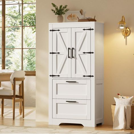 Aparador alto blanco de 60x30x128 cm con 2 cajones, estantes ajustables y estilo granero (1/5)