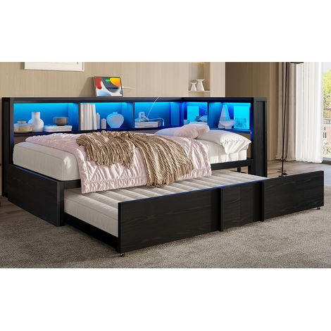 Lit banquette moderne métal et MDF 90x200 cm noir, avec lit gigogne, 5 rangements, LED et ports USB
