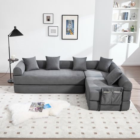 Sofá de 4 plazas, sofá esquinero de pana con bolsas de almacenaje - envasado al vacío - Módulos combinables, relleno de espuma, gris (1/5)