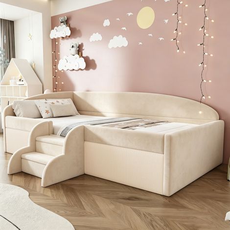 Lit capitonné enfant 90x190 cm, lit multifonction avec marches et garde-corps, tissu velours doux pour la peau, sans matelas, couleur beige (1/5)