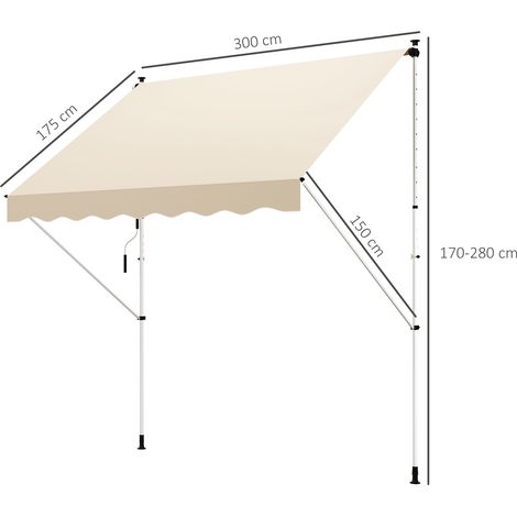 Store à bras articulé à pince 300x150cm, hauteur réglable, manivelle, aluminium beige