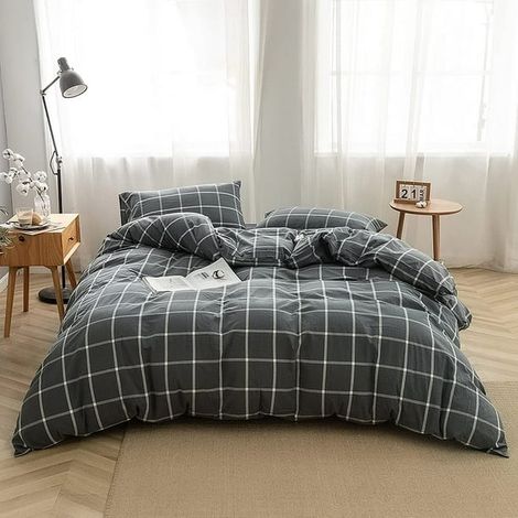 Lot en 2 pièces housse de couette 140x200, coton lavé 100% naturel, ultra douce et facile d'entretien, parure de lit style épuré, motif grand carreaux gris anthracite. (1/5)