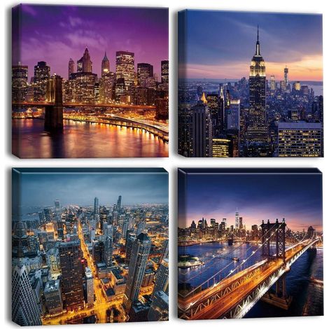 Lot de 4 tableaux sur toile, décoration murale ville nocturne, 30x30cm (1/5)