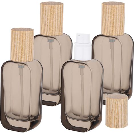 Flacon Pompe Vide 50ml, 4 Pièces Flacon Verre Noir pour Cosmétiques, Portable et Réutilisable, Bouteille de Voyage avec Couvercle en Bois