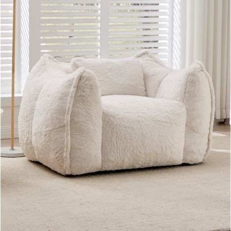 Pouf in pelliccia sintetica, schienale ergonomico, imbottitura in schiuma triturata ad alta densità, non richiede montaggio - beige (1/5)