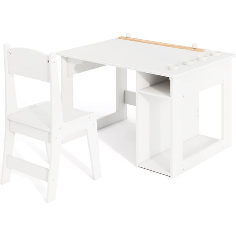COSTWAY Kid’s Art Table & Chair Set with 4 Paint Cups & 2 Storage Shelves White (1/5)