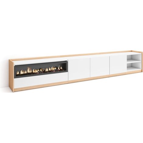Skraut Home - Mobile TV Soggiorno, 310x37x50cm, Per TV fino a 80", Camino elettrico, Bianco e Rovere soft (1/5)