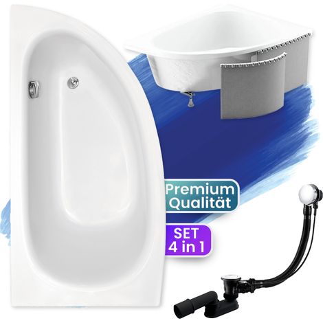 Badewanne Eckbadewanne 150x70 Links mit Styroporverkleidung, Ablauf & Füße GRATIS - Komplettset 4in1 Original Acryl Wanne Siphon - BADLAND MILENA (1/5)