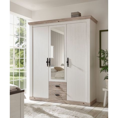 Landhaus Kleiderschrank mit Spiegel FERNA-61 in Pinie weiß Nb. mit Absetzungen in Pinie dunkel Nb., B/H/T: ca. 169/201/60 cm (1/5)