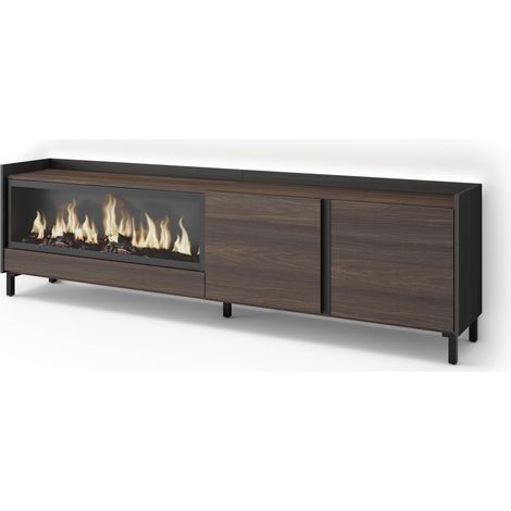 Skraut Home - Meuble TV, Banc Télé, Grand espace de Rangement, 212x35x61cm, Pour les TV jusqu'à 80", Cheminée électrique XXL, Design industriel, LED, Style moderne, Chêne foncé et Noir (1/5)