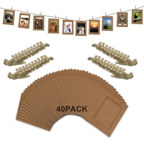 Lot de 40 cadres photo en papier brun clair (10,2 x 15,2 cm) avec ficelle et pinces à linge, idéal pour bannières, affi - Brun Clair (1/4)