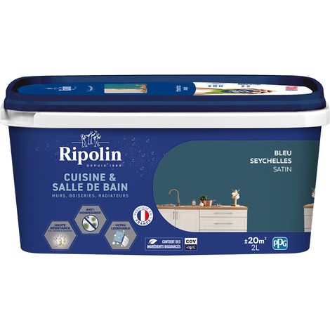 Peinture Murale spéciale Cuisine et Bain - Satin - 2L -  Bleu Seychelles - Ripolin (1/5)