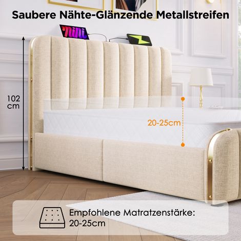 Lit bébé 90x200 cm, tête de lit capitonnée avec liserés dorés et port USB-C, tissu lin beige, 4 tiroirs, matelas inclus (1/5)