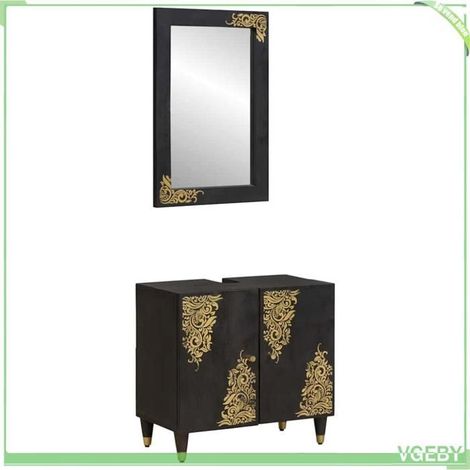 Ensemble de meubles de salle de bain - Design doré sérigraphié - Bois de manguier massif - Noir - Miroir 50x70 (1/5)