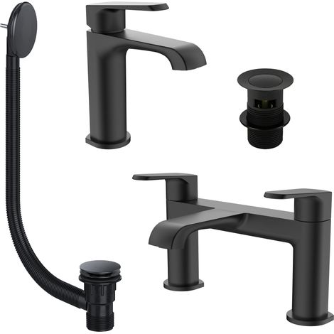 Matt Black Basin Sink Tap & Bath Filler Set with Matching Waste Plugs (1/4)