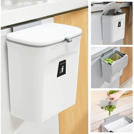 Poubelle Suspendue Cuisine avec Couvercle, 9L Poubelle Murale Cuisine, Poubelle Camping Car Suspendu pour Portes d'armoires Placard Salle de Bain 29.51626cm Blanc (1/2)