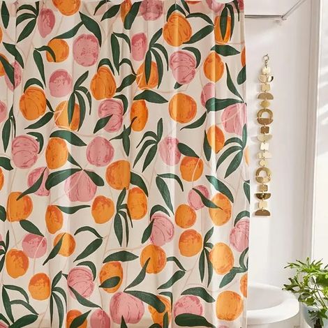 Cortina de ducha con estampado de frutas y melocotones, decoración natural para el baño, 210 x 180 cm, gancho metálico [gancho incluido]