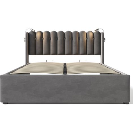 Cama doble 140x200 de terciopelo gris con luz de lectura, USB y almacenamiento (1/5)