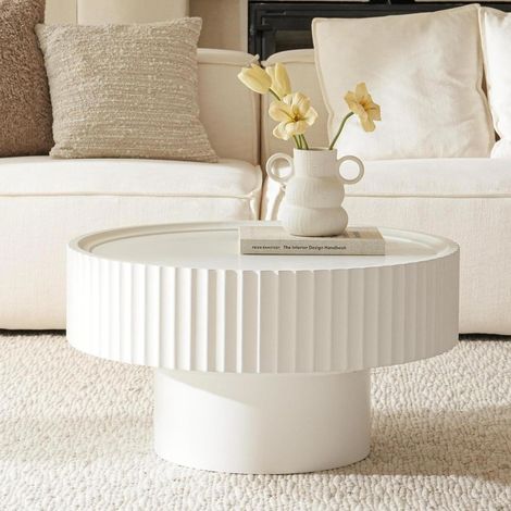 Table basse ronde en bois de pin, forme champignon avec rainures, ø70×38 cm, couleur blanche, pour salon, chambre et balcon (1/5)