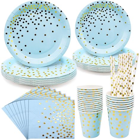 Assiettes en papier jetables dorées et bleues, vaisselle de fête pour 20 invités, assiettes, serviettes et pailles à pois dorés, idéal anniversaire enfant, mariage, baby shower, Noël (1/5)