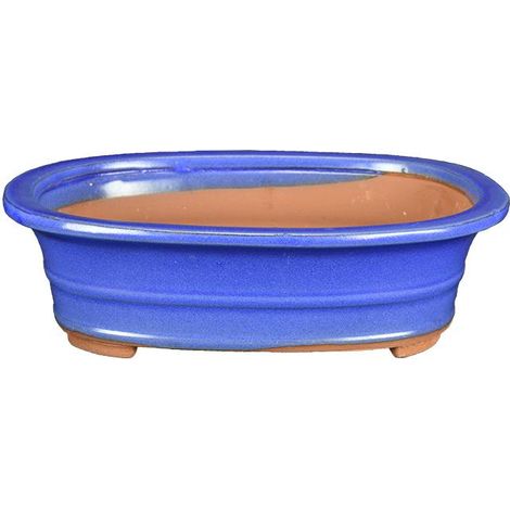 Vaso per bonsai ovale in gres smaltato blu 12,5x9,5x3 cm - G208d