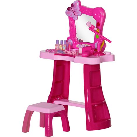 15 PCS Coiffeuse enfant avec tabouret et miroir, lumière, musique, microphone, sèche-cheveux, espace de rangement