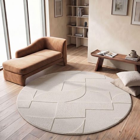 Shaggy Tapis Chambre Haut Poil Bohème Scandi Abstrait Unis Lavable Geometrique, Crème 2, 120 cm Rond (1/5)
