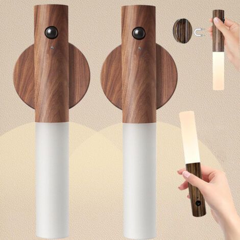 Lot de 2 appliques murales magnétiques sans fil, LED rechargeables par USB, détecteur de mouvement d'intérieur, veilleuses magnétiques pour escaliers, chambres, couloirs (couleur noyer foncé)