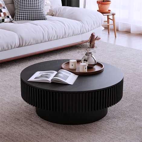 Table Basse Ronde - 75x75x35cm - Table d'Appoint en Placage Bois Massif avec Rangement Caché Style Moderne - Noir (1/5)