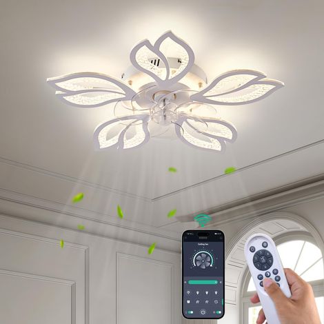 Ventilateur de plafond avec éclairage et télécommande, ventilateur de plafond blanc sans pales avec éclairage, 6 vitesses, 3 couleurs d'éclairage, profil bas, idéal pour la cuisine et la chambre. (1/5)
