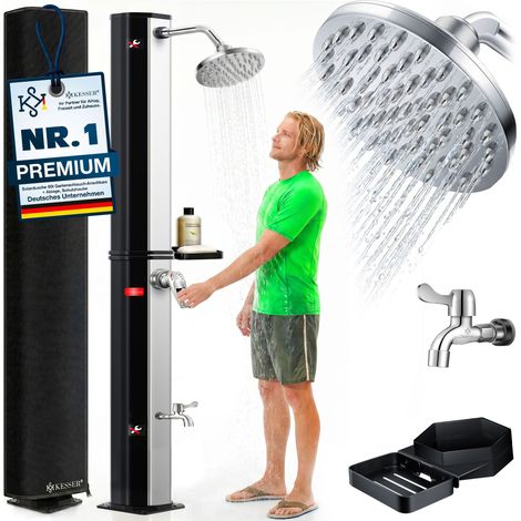 KESSER® Ducha solar 40- 60 litros Ducha solar para jardín agua caliente máx. 60°C incl. plato de ducha metálico y cubierta protectora ducha para piscina camping ducha de lluvia negro / plateado / (1/5)