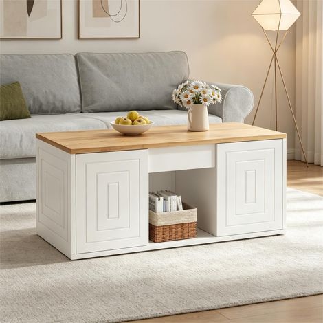 Table basse de salon 46 x 95 x 45 cm, réglable en hauteur jusqu’à env. 59 cm, avec deux portes de placard et un design épuré et fluide, table d’appoint en bois naturel, table basse, bureau (1/5)