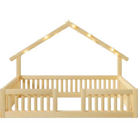 Letto casetta 90x200 cm in legno con sponda di sicurezza e luci LED naturale MODENUIT (1/5)