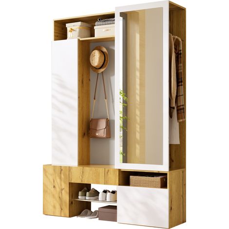 Vestiaire d’entrée avec miroir, penderie, porte-chaussures et crochets, 127x35x180,5 cm, MDF blanc naturel (1/5)