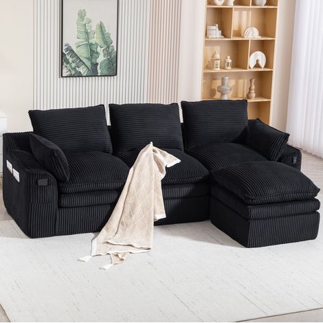 Canapé 3 places modulare in velluto a coste nero 263x167x85 cm con pouf, cuscini e tasche laterali (1/5)