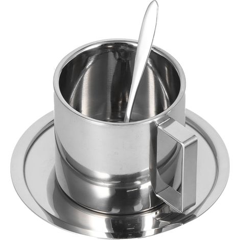 Ensemble de 3 tasses à café isothermes en acier inoxydable à double paroi, avec soucoupe et cuillère (280 ml). (1/5)