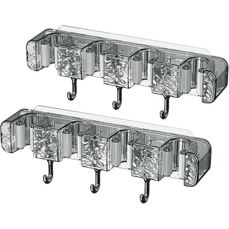 2 Pièces Porte-Balais Mural Sans Percer - Accroche-Mop et Balais avec 4 Clips et 3 Crochets, Fixation Autocollante, Gris Translucide