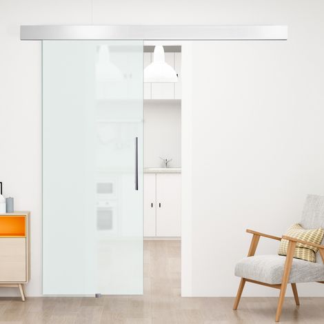 Kit complet de porte intérieure coulissante en verre satiné un côté, 2050x900mm, avec poignée intégrée.