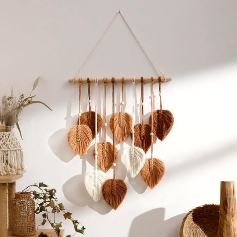 Tapiz de pared - Tapiz de pared bohemio tejido a mano con hojas de otoño como decoración de pared, borlas, hilo marrón, adorno colgante (1/5)