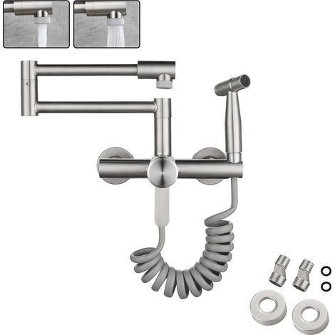 Kitchen Faucet Wall Mount Food Grade 304 Stainless Steel Wire Drawing with Spray Gun and 2 Water Spray Types Sink 360° Swivel Wall Mounted Mixer Taps (13CM-17CM) (1/5)