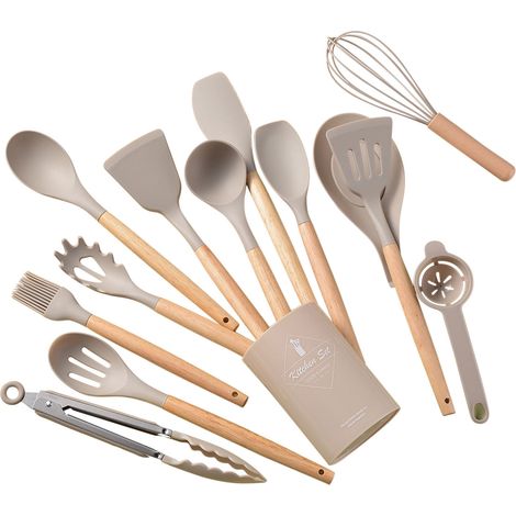 Ustensile De Cuisine En Silicone Et Bois - Jeu De 14 Pièces Pour Casseroles Antiadhésives - Usage Intérieur Et Extérieur (1/5)