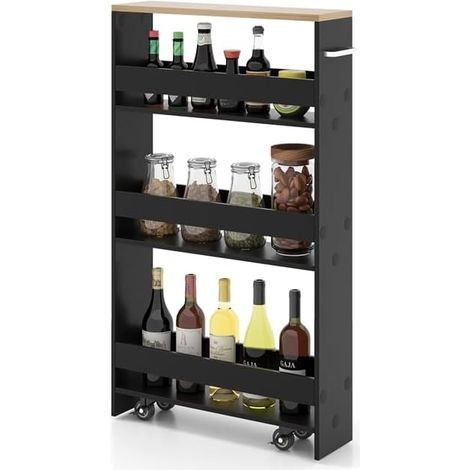 Goplus – Chariot de rangement de cuisine 4 niveaux – Dimensions 47,5x20x80,5cm – 4 roulettes 360° – Construction en panneau de particules noir