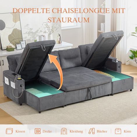 Canapé convertible contemporain 4 places, méridiennes intégrées, accoudoirs avec porte-gobelets, port USB et espace de stockage caché – design élégant pour toute chambre féminine. (1/5)